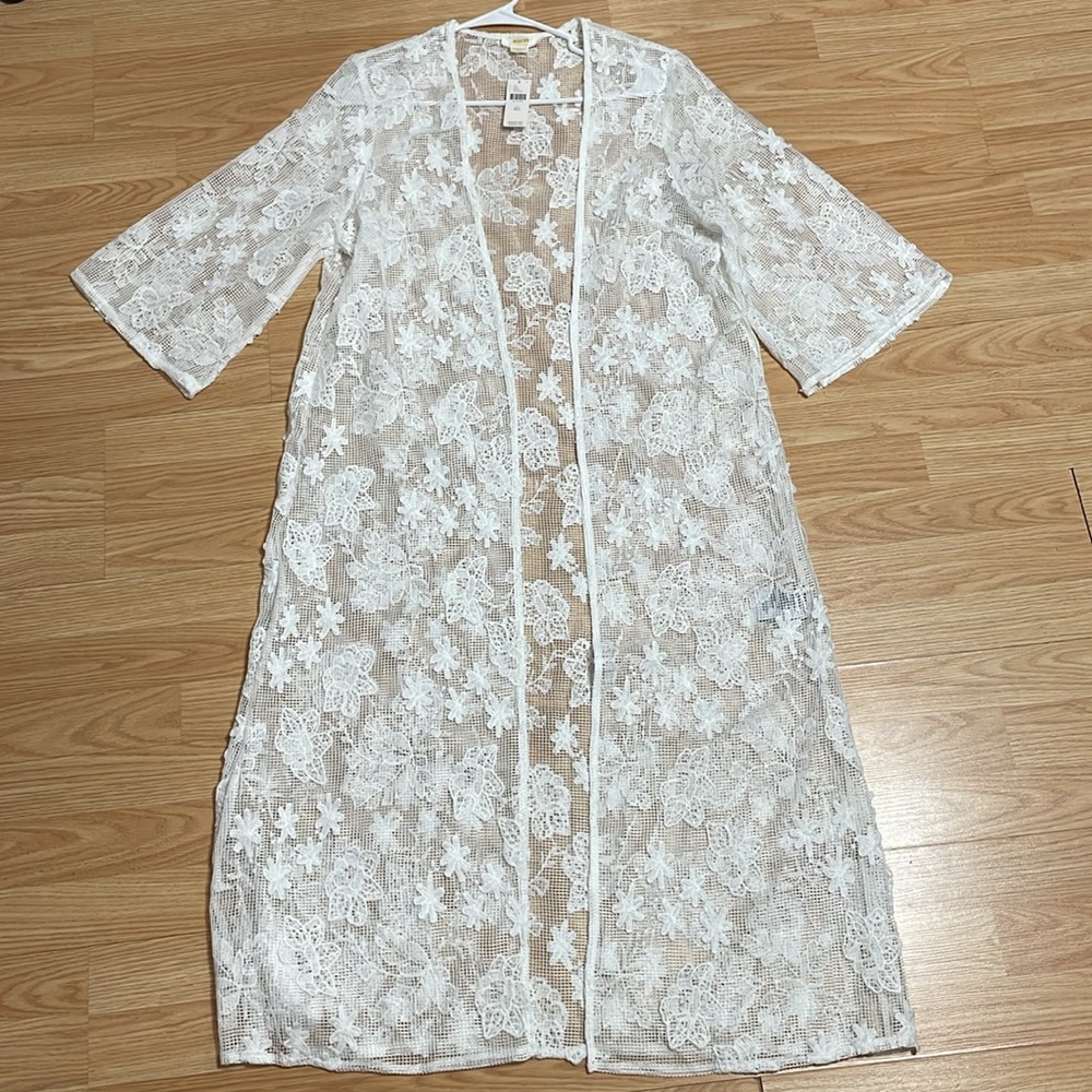 Anthropologie White Floral Lace Open-Front Swim Coverup